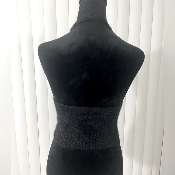 THE RAGGED PRIEST Bug Fuzzy Eyelash Ribbed Knit Halter Crop Top Zip Up Black S - Picture 7 of 12